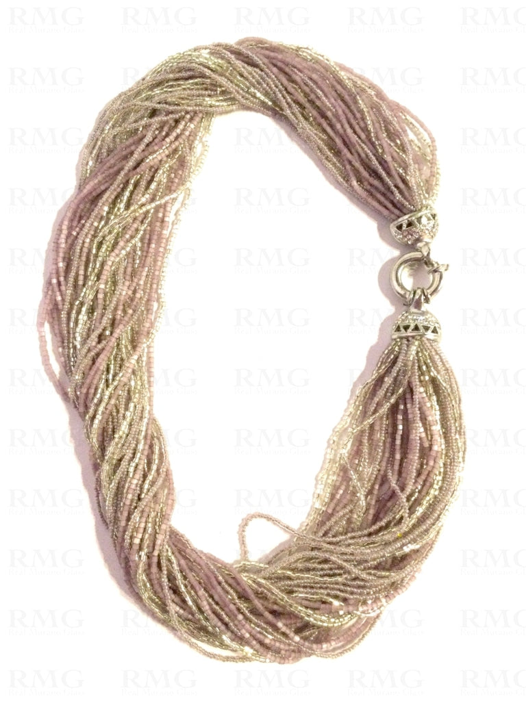 Multi Strand Seed Bead Necklace-Silver And Light Pink